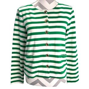 Talbots Petite Preppy‎ Striped Cotton Cardigan Gold Button Green Ivory Medium